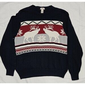 Dockers Fair Isle Moose Sweater Men's Large Navy Red White Crewneck Mountain GUC